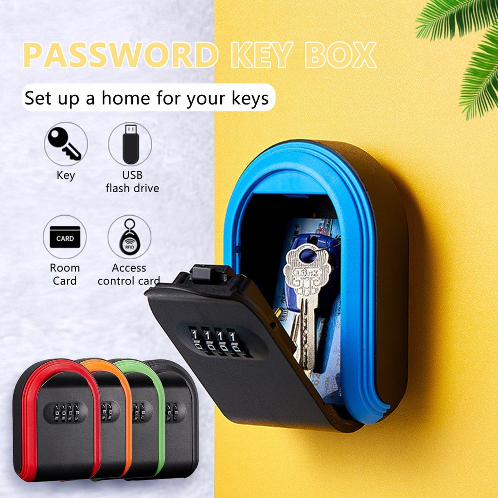 Blue and black wall-mounted metal key lock box with a 4-digit combination dial, shown holding keys and cards.