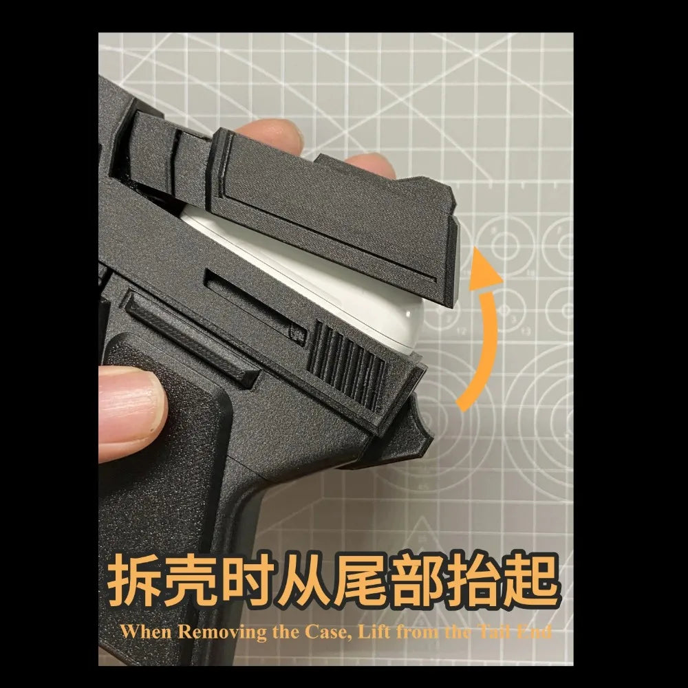 Black, textured plastic AirPods case shaped like a handgun slide, shown being removed from Apple charging case.