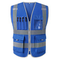 Blue hi-vis safety vest with zip front, reflective strips, multiple tool pockets, pen slots and an ID badge window.