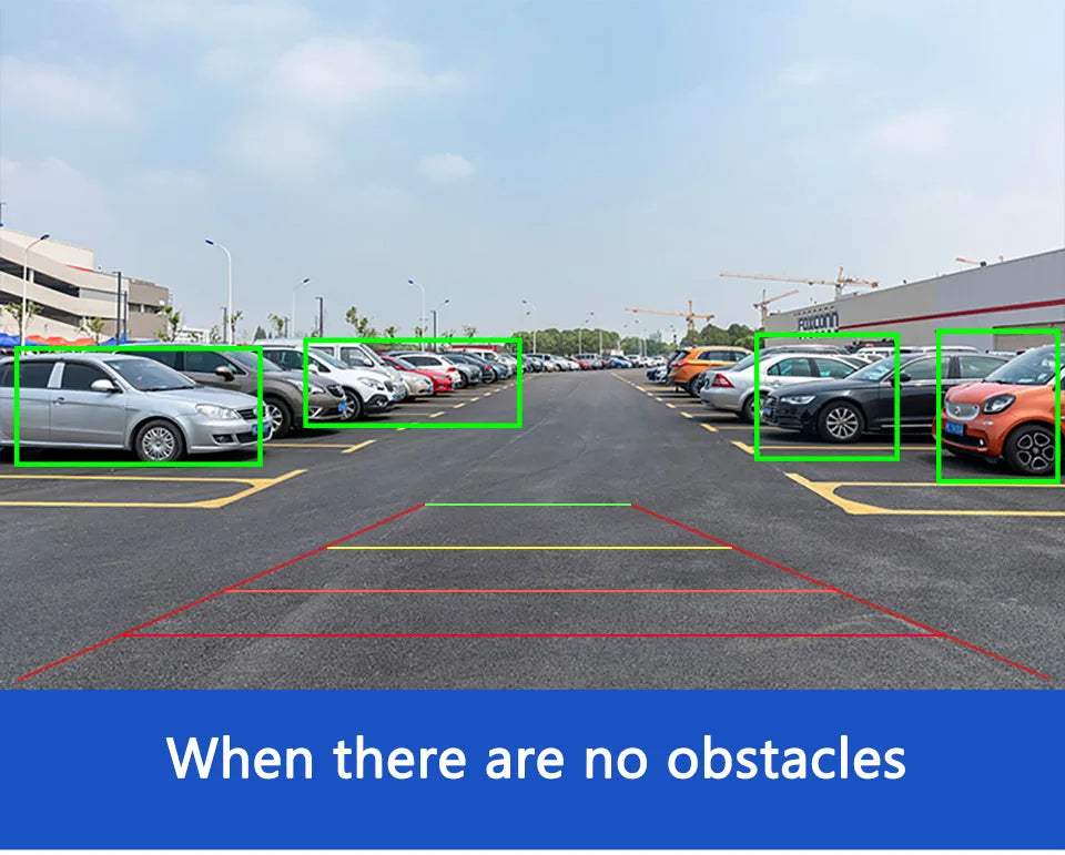A wide-angle HD reversing camera view showing a car park with AI detection boxes around vehicles and parking guidelines.