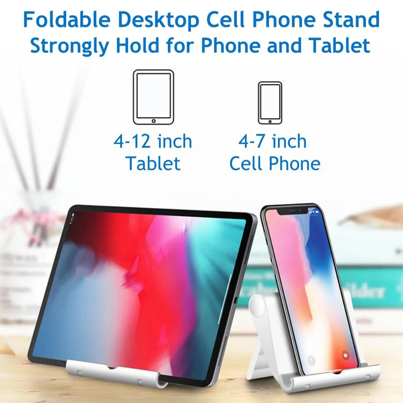 White foldable desktop stand holding a tablet and smartphone, suitable for devices 4 to 12 inches.