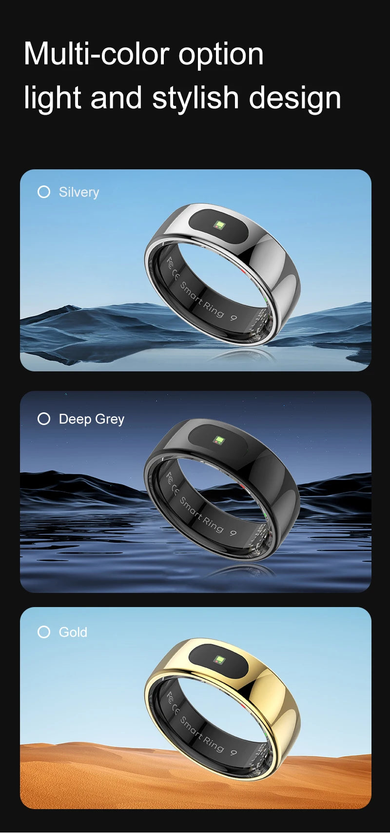 Sleek smart health tracker rings in silver, deep grey, and gold, featuring a minimalist design and internal sensors.