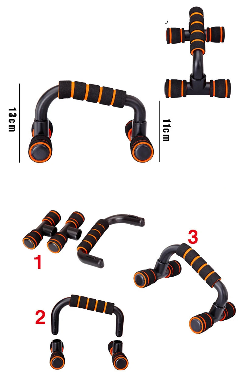 Black and orange push-up bars with padded foam grips, shown from multiple angles with assembly and size labels.