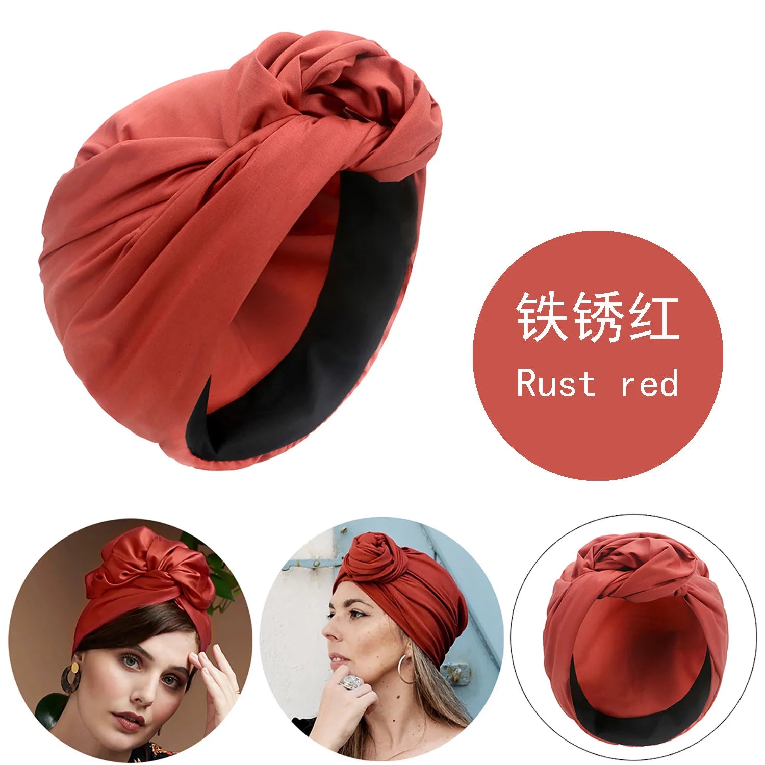 A rust red vintage-style knotted turban hat with a black interior lining, shown on and off a model.