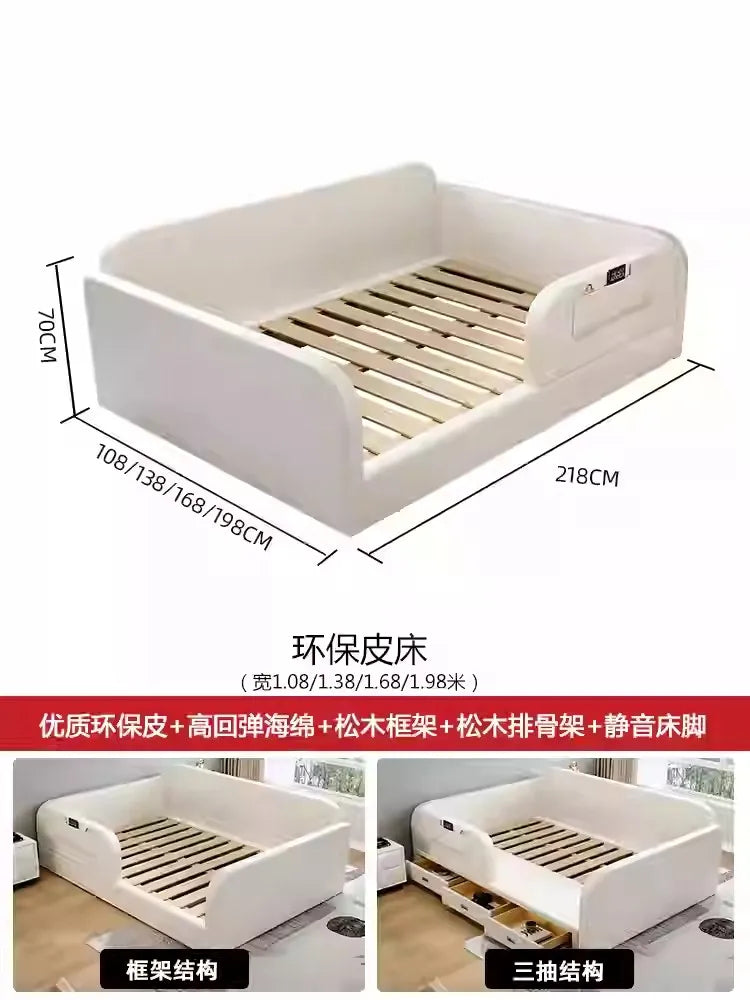 Modern white upholstered storage bed frame with slatted wooden base and three pull-out under-bed storage drawers.