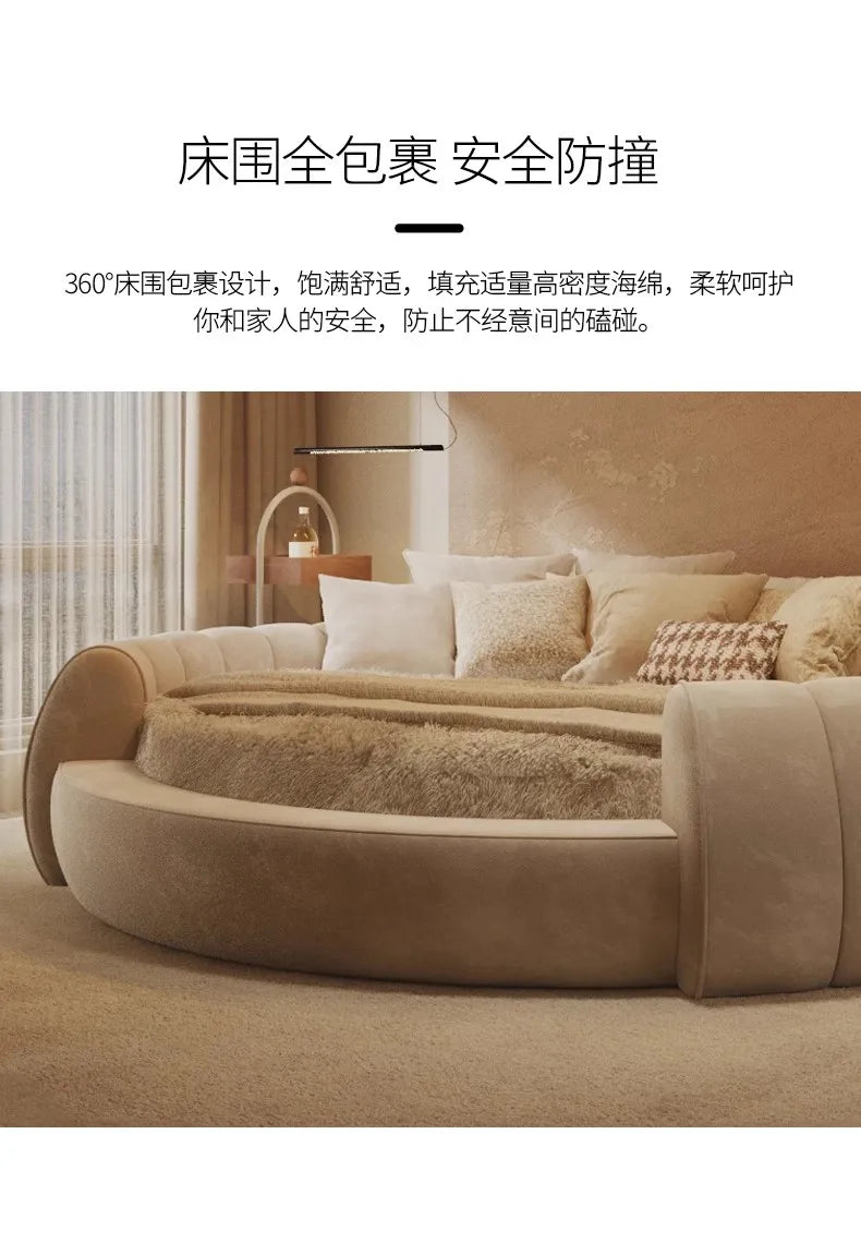 Minimalist, beige upholstered round bed with a protective padded frame in a modern, cosy bedroom setting.