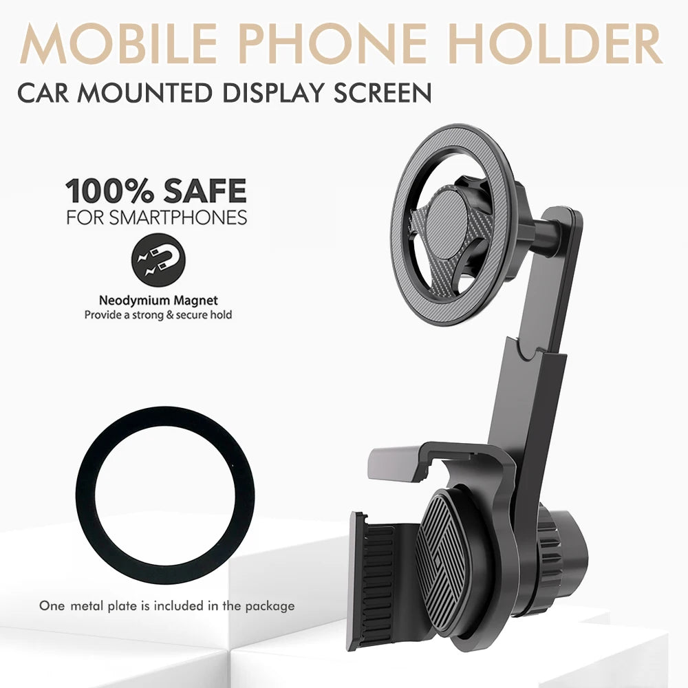 Black magnetic car phone holder with an adjustable arm and a circular mount base. Includes a metal ring accessory.