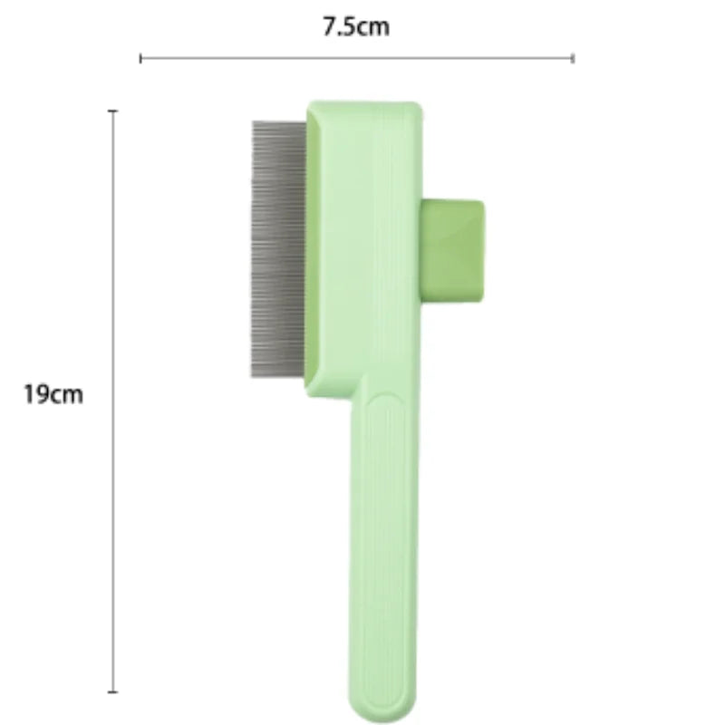 Pale green pet grooming brush with fine metal bristles, labelled with 7.5cm width and 19cm length measurements.