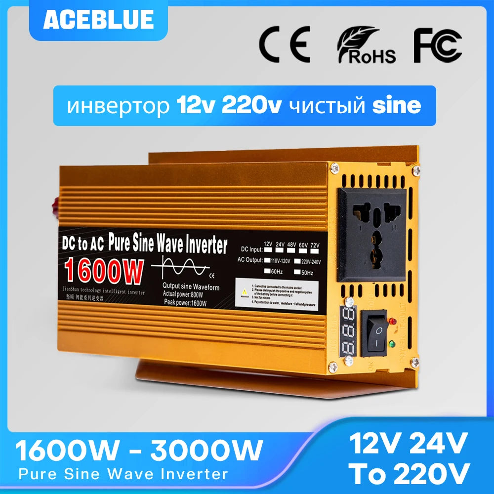 Gold 1600W pure sine wave power inverter with a UK-style AC socket, digital display, and power switch.