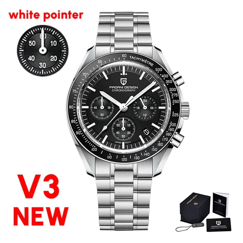 Pagani Design men's silver stainless steel chronograph watch with black dial and three sub-dials.