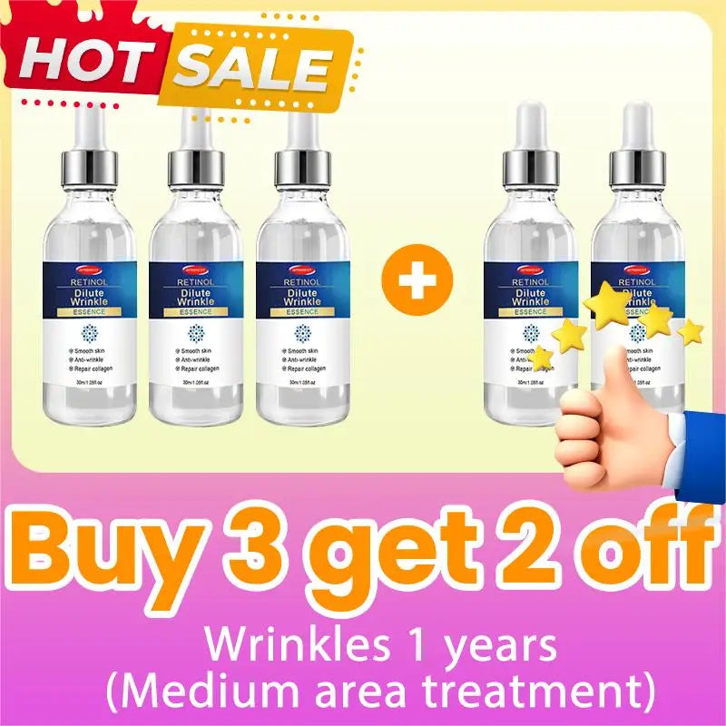 Five bottles of anti-wrinkle retinol essence in clear glass with silver droppers, featured in a "buy 3 get 2 free" sale.
