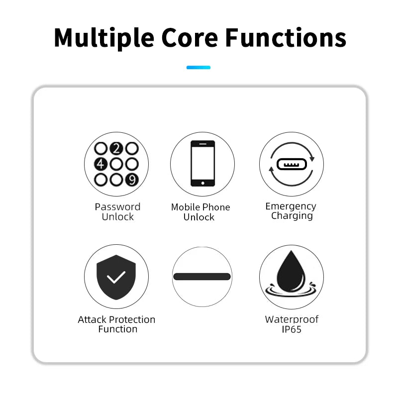 Infographic showing six black and white icons for smart lock features: password, phone, charging, protection, and IP65.