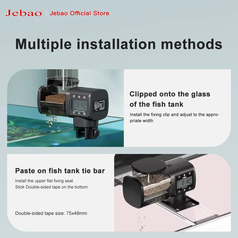 Automatic fish tank feeder with digital display, shown with clip-on and adhesive mounting options.