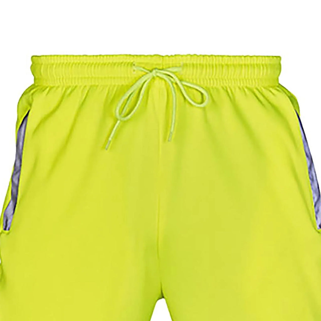 High-vis yellow work trousers with an elasticated drawstring waistband and grey reflective side panels.