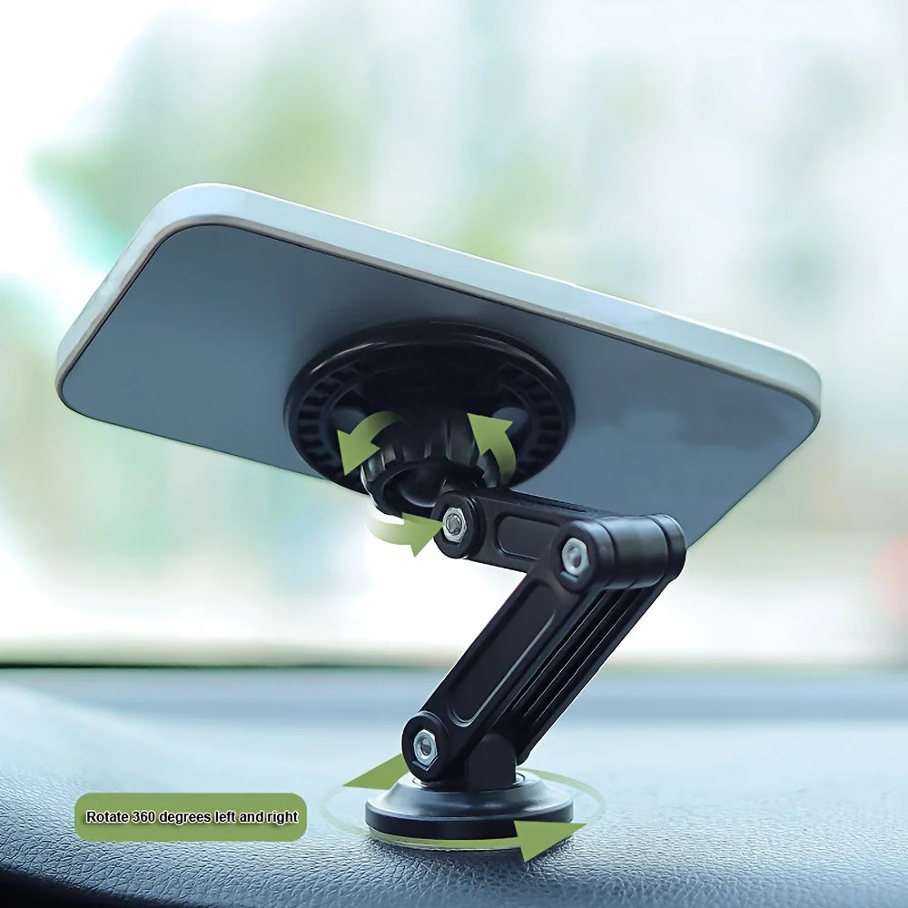 Black, adjustable car phone mount with 360-degree rotation and an extendable arm, suctioned to a vehicle dashboard.