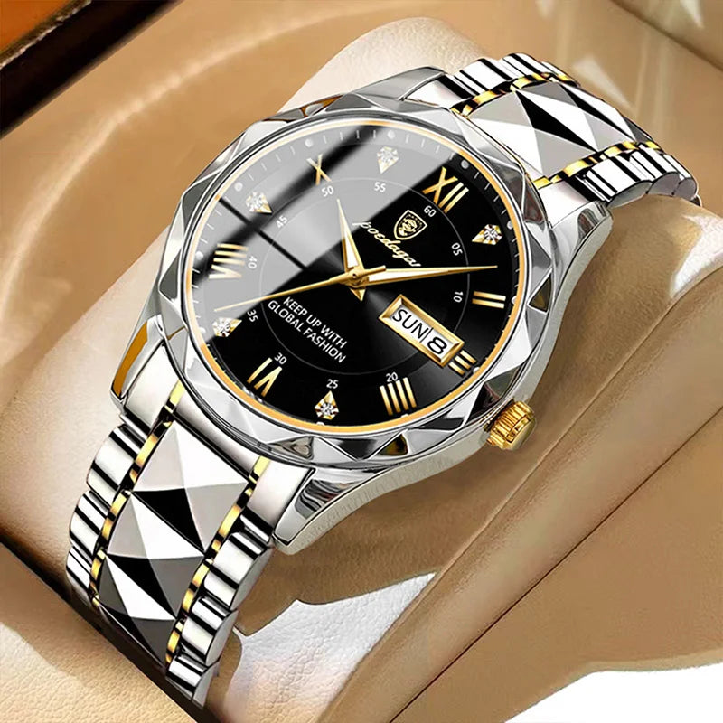 POEDAGAR silver and gold quartz men's watch with a faceted bezel, black dial, day-date window, and link bracelet.
