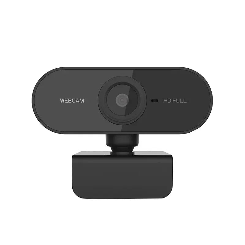 Black 1080p HD webcam with built-in microphone and adjustable stand, shown against a plain white background.
