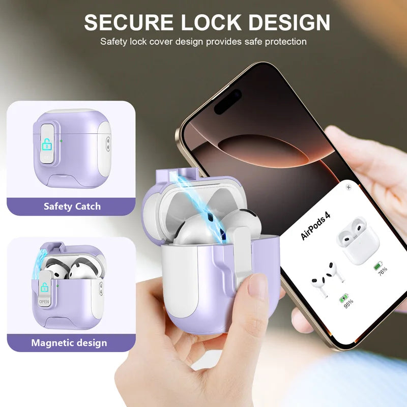Purple, shockproof locking protective case for AirPods 4. Durable material with secure magnetic catch design.