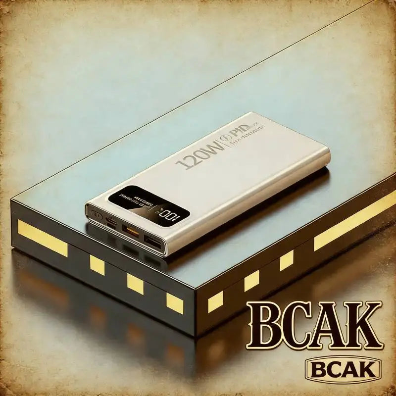 Sleek silver 20000mAh fast-charging power bank with digital display, shown on a stylish black and gold stand.