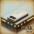 Sleek silver 20000mAh fast-charging power bank with digital display, shown on a stylish black and gold stand.