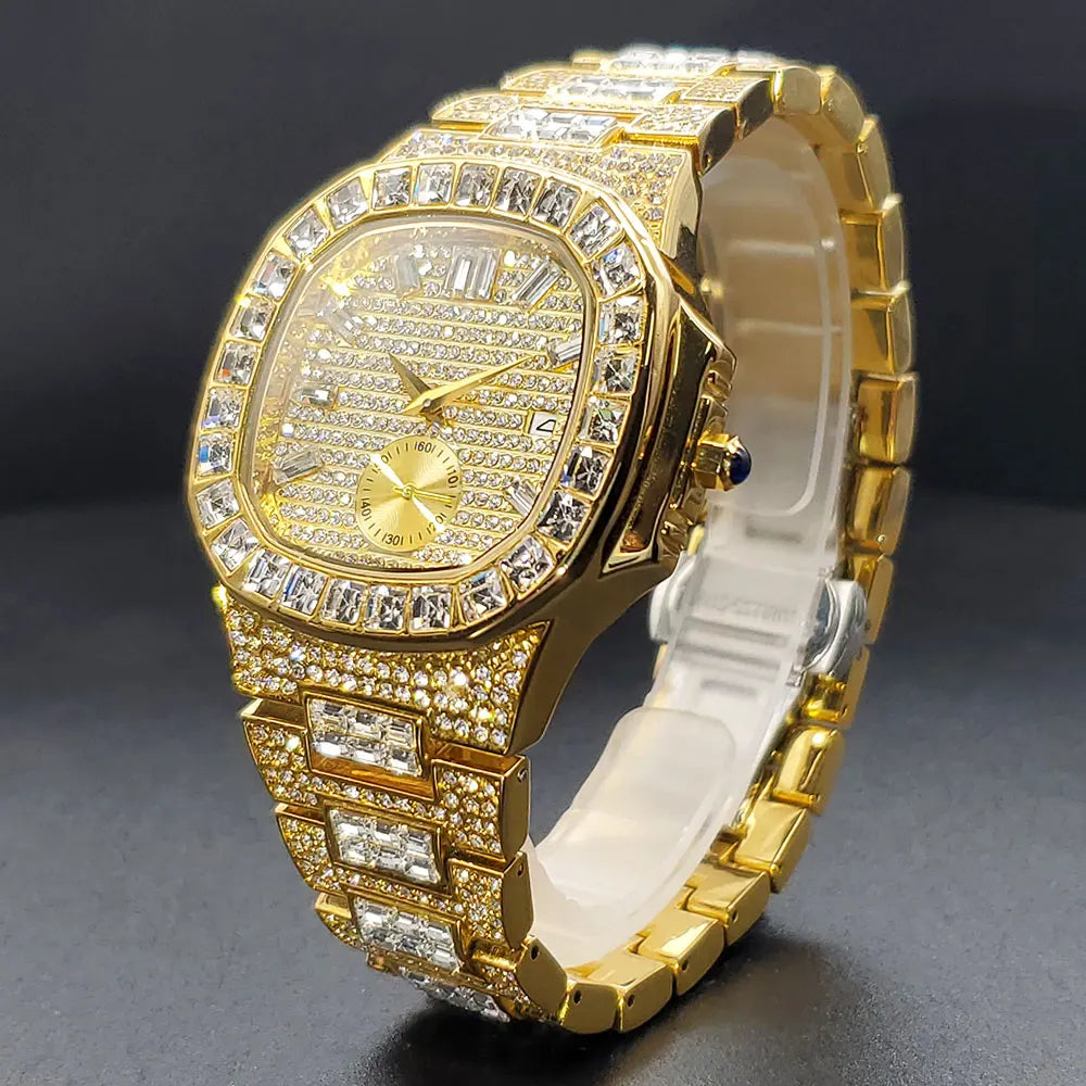 Gold-tone iced out men's quartz watch with a rounded square case and crystal-paved dial and link bracelet.