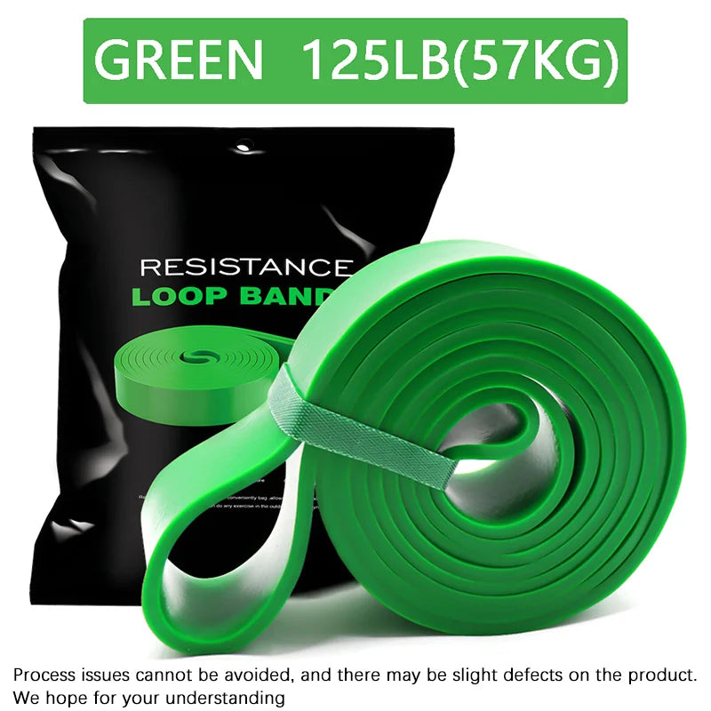 Green heavy-duty resistance loop band for strength training, offering 57kg of resistance, shown with storage pouch.