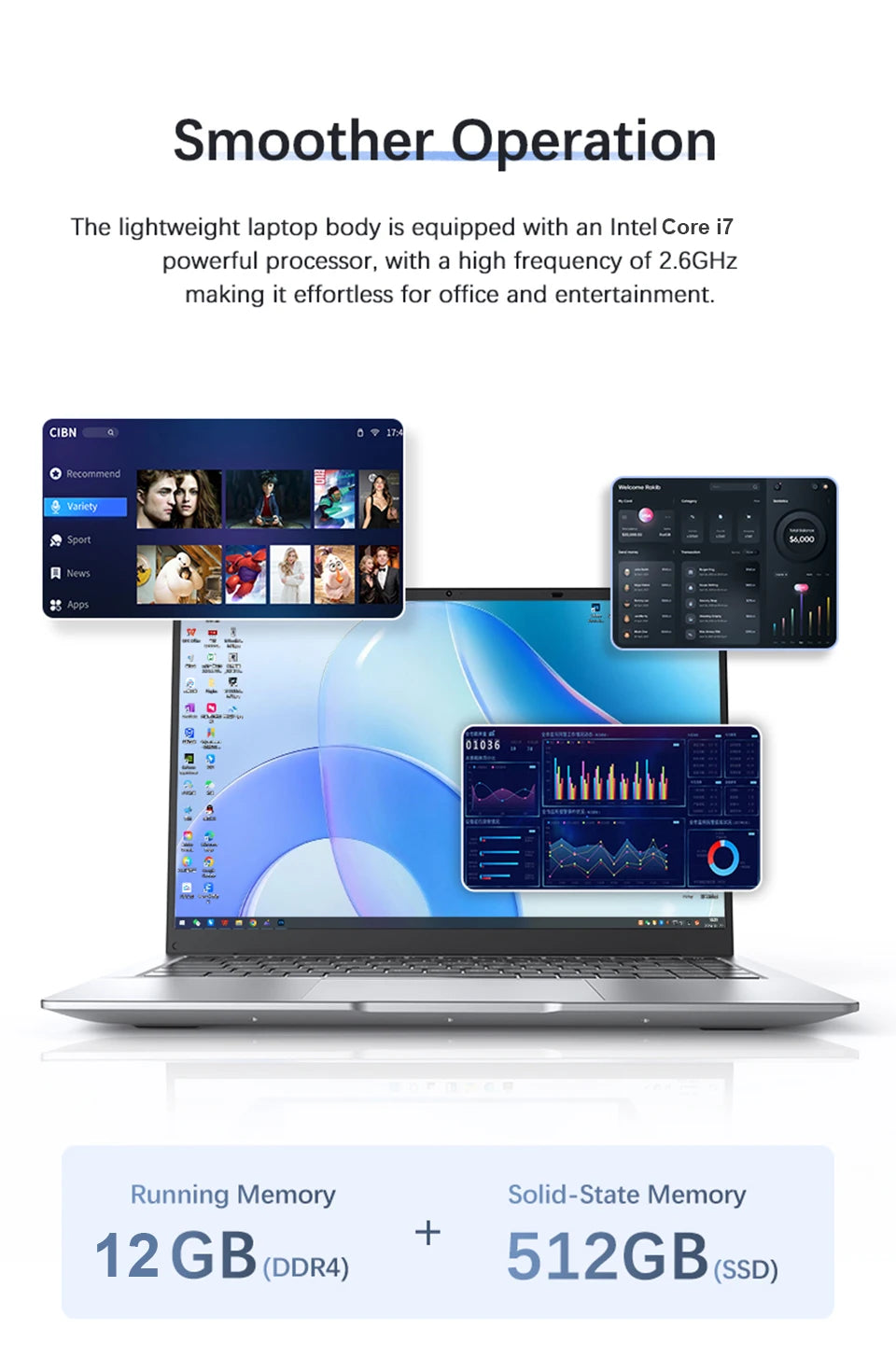 A sleek, silver 14.1-inch slim laptop with a high-resolution display, 12GB RAM, and large SSD storage.