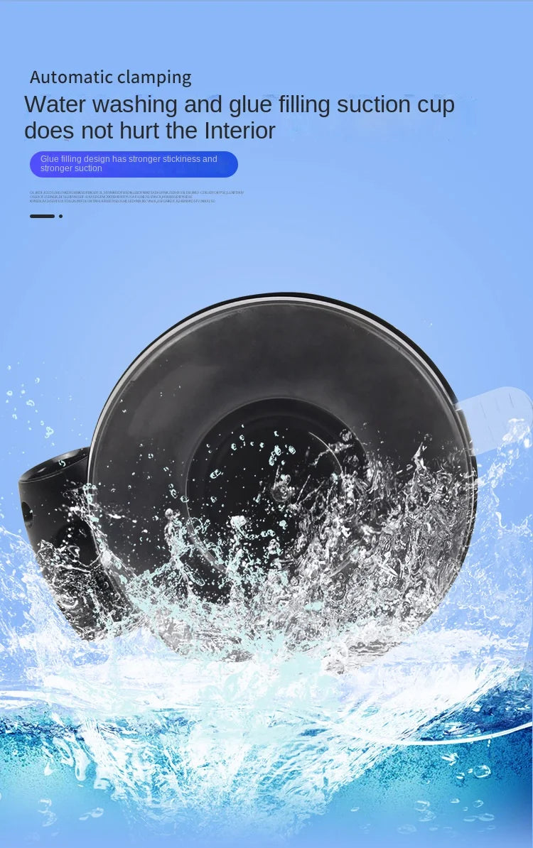 Black automatic clamping car phone mount with a washable, heavy-duty suction cup base shown splashing in water.