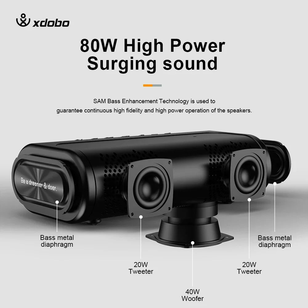 Black 80W portable Bluetooth speaker with exposed dual tweeters, a central woofer, and side bass diaphragms.