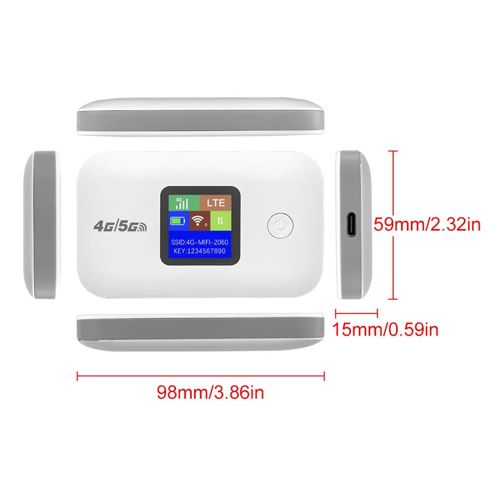 Compact white portable 4G LTE Wi-Fi router with a digital status display, power button, and side USB charging port.