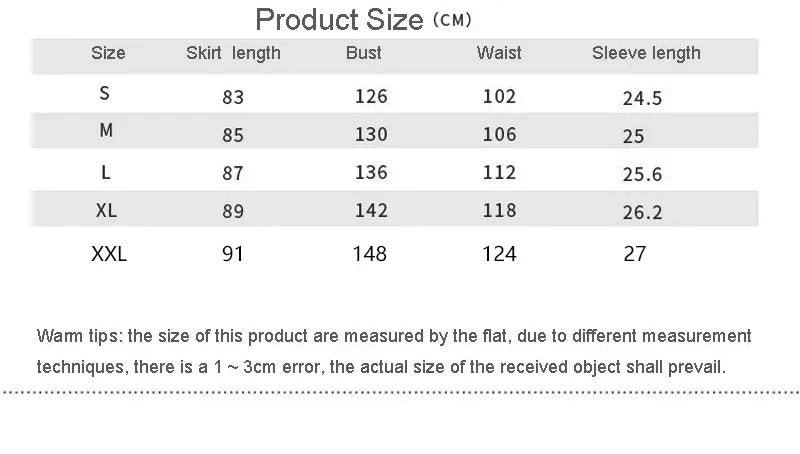 Size guide chart for clothing, displaying measurements in cm for sizes S to XXL, including skirt length, bust, and waist.