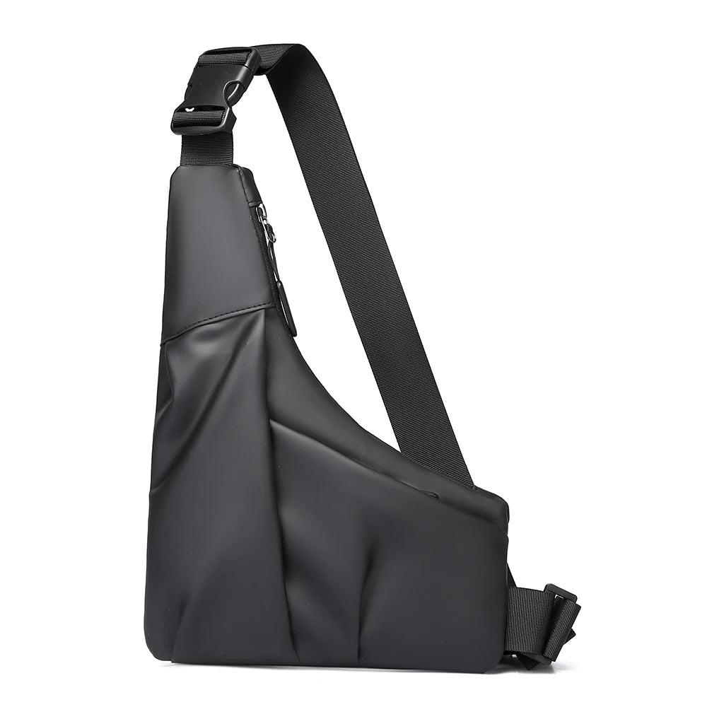 Black triangle-shaped crossbody chest bag with an adjustable strap, buckle fastening and sleek, minimalist design.