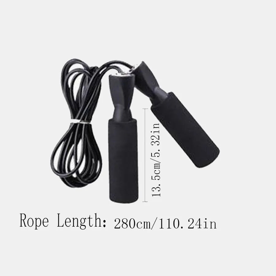 Black skipping rope with foam-padded handles. Rope length is 280cm, with handle length measuring 13.5cm.