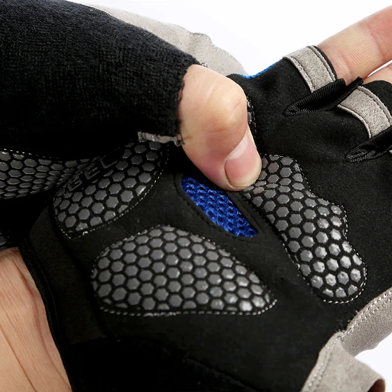 Black and grey fingerless cycling gloves with a blue mesh panel and hexagonal gel-padded grip on the palm.