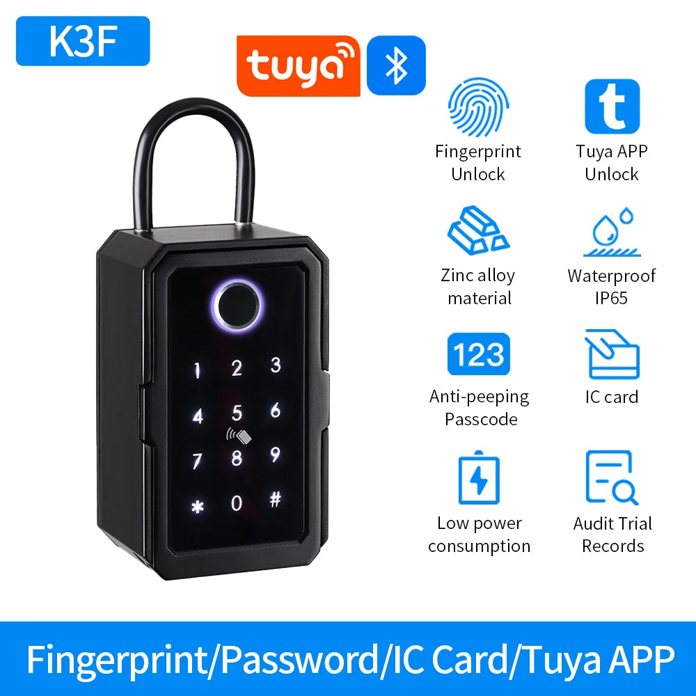 Black zinc alloy smart padlock with fingerprint, keypad, IC card, and Bluetooth app unlock features.