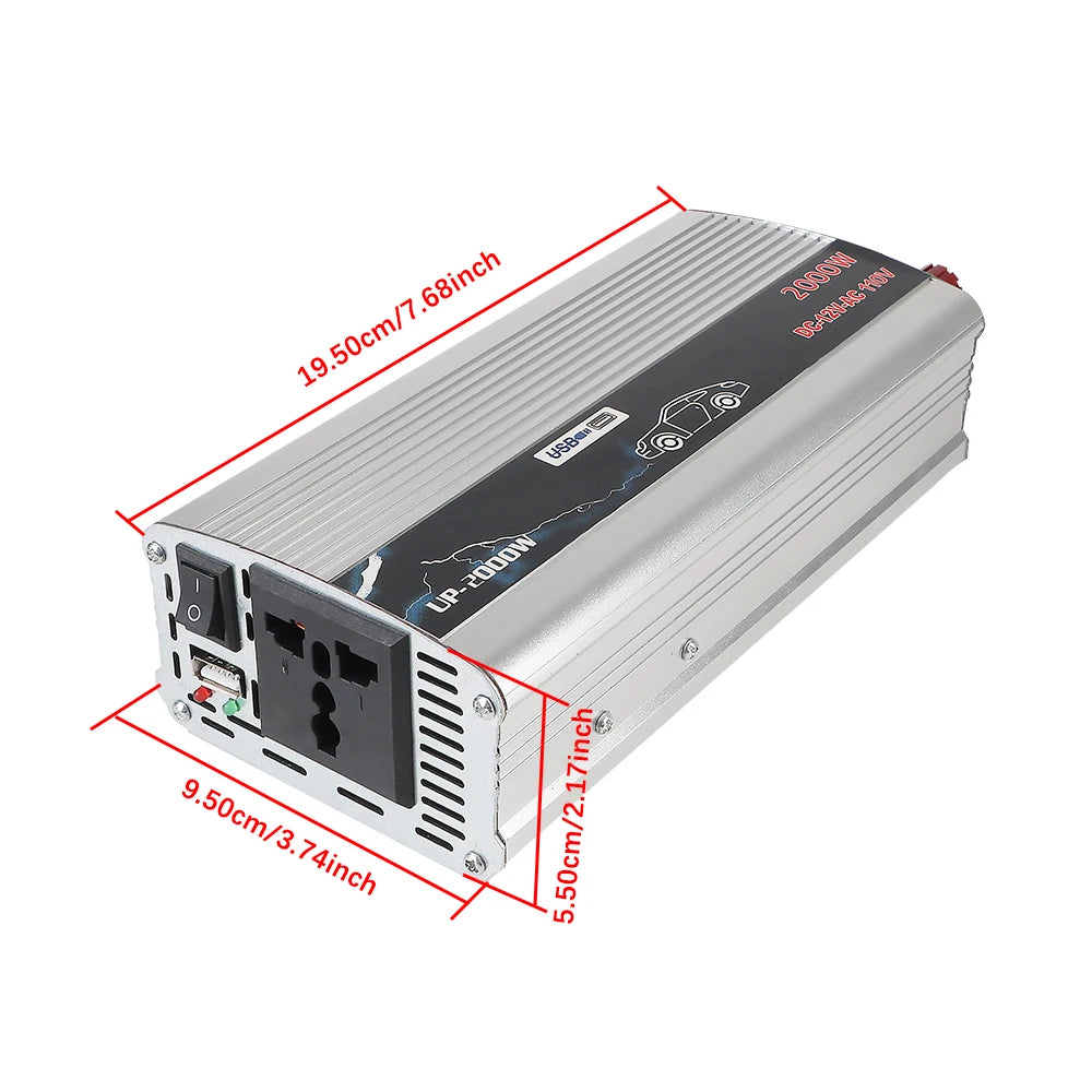 Silver 2000W DC to AC power inverter featuring a USB port, plug socket, and labelled dimensions.