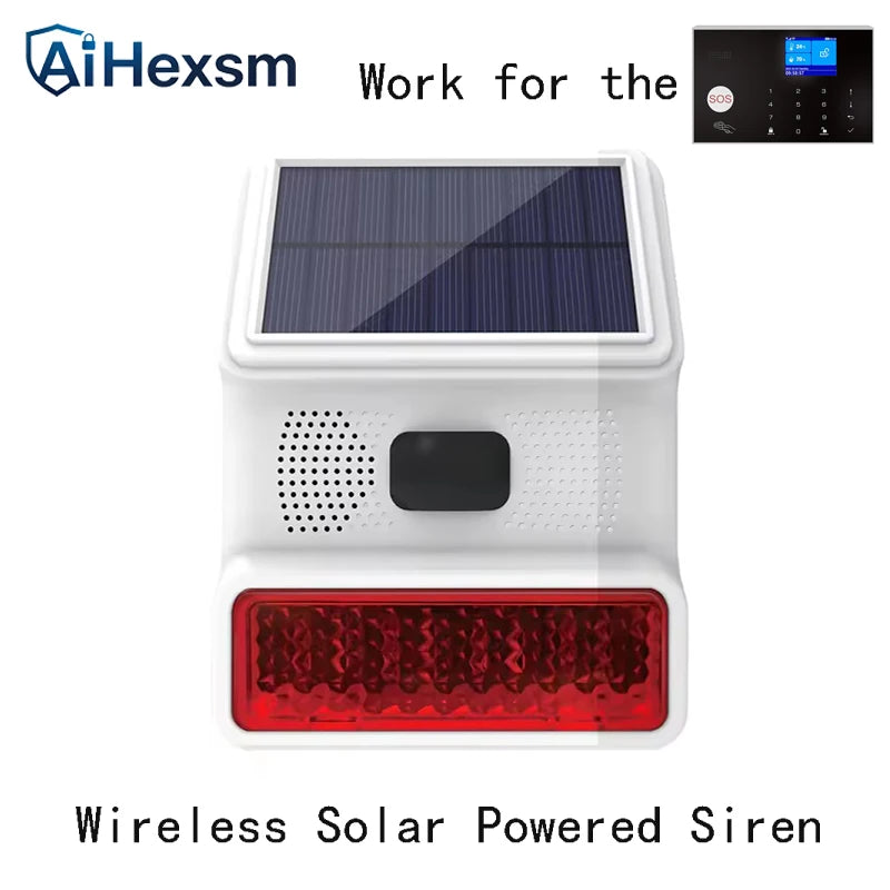 White solar-powered wireless security siren with a prominent red alarm light and speaker. Includes touch-screen keypad.