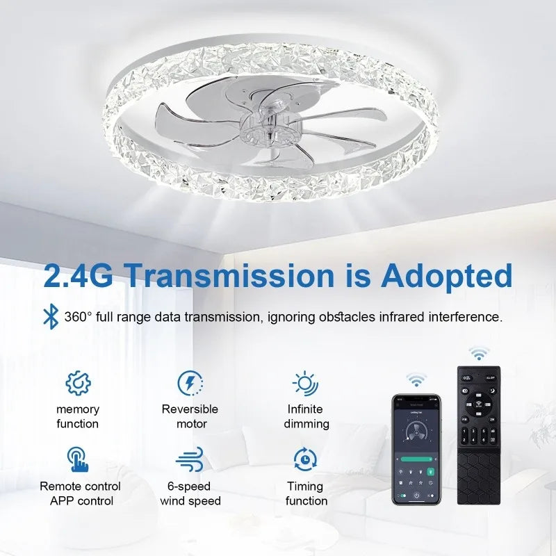 Modern 18.9in round LED ceiling fan with a crystal-style border, 6-speed motor, app, and remote control.