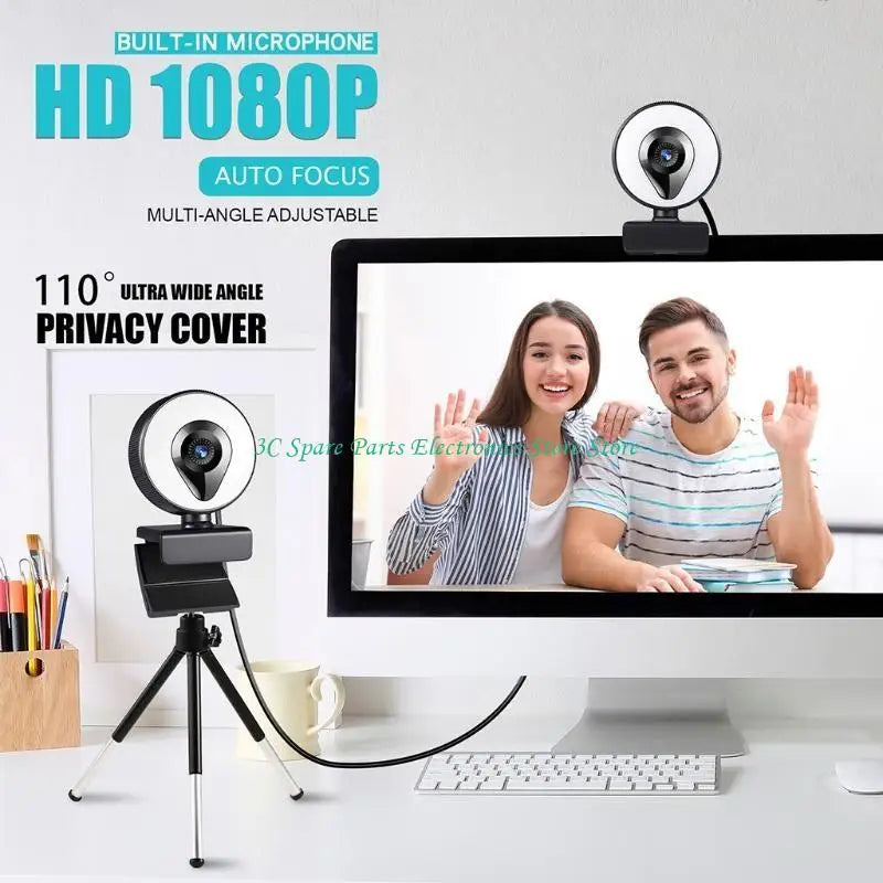 Black 1080p plastic webcam with built-in ring light, microphone, privacy cover, and adjustable tripod stand.