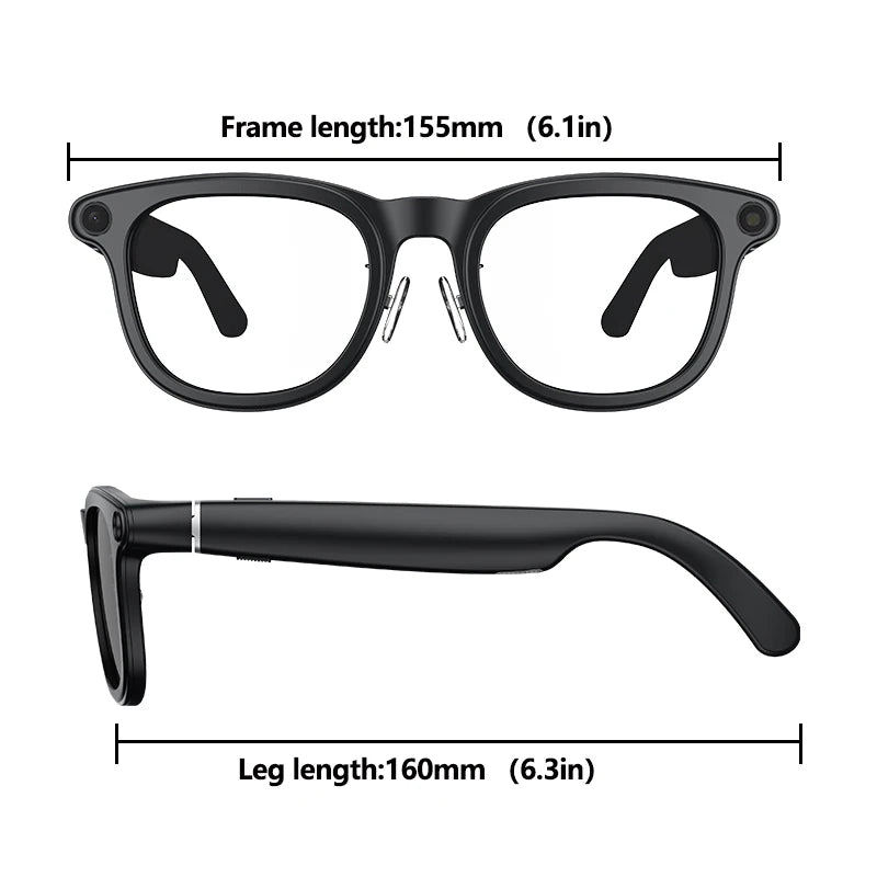 Black smart glasses with built-in cameras, shown from front and side profiles with frame and leg dimensions.