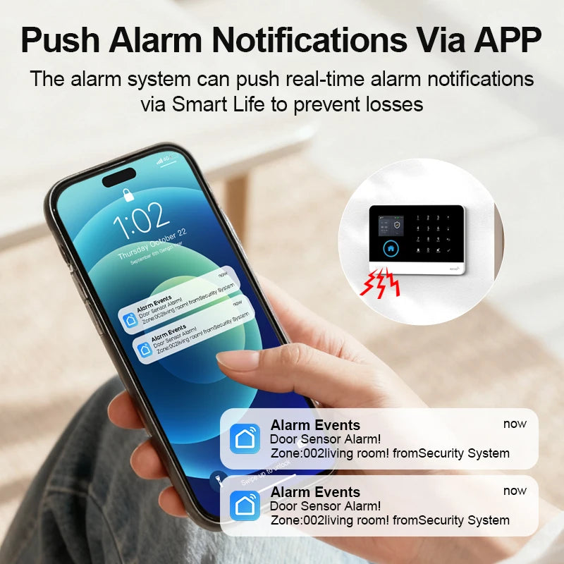 Smartphone showing alarm notifications from a sleek, black and white wireless home alarm system keypad.