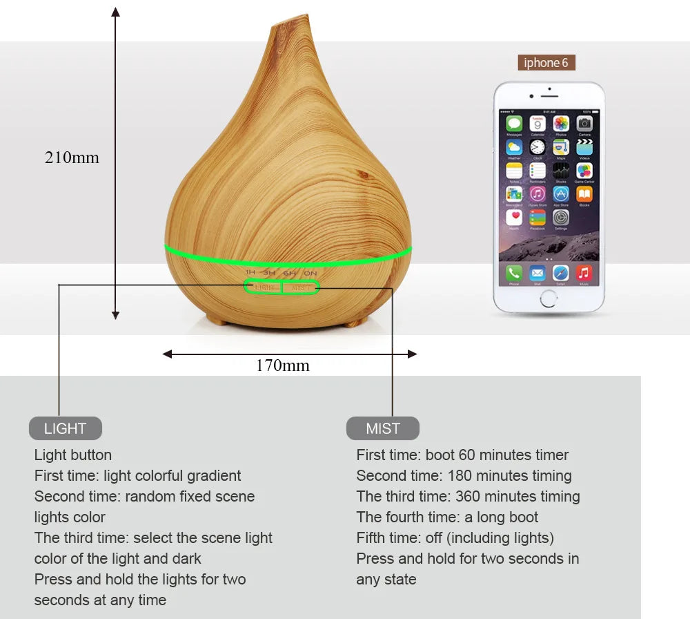 Wood-grain, teardrop-shaped WiFi essential oil diffuser with light and mist control buttons, shown with size dimensions.