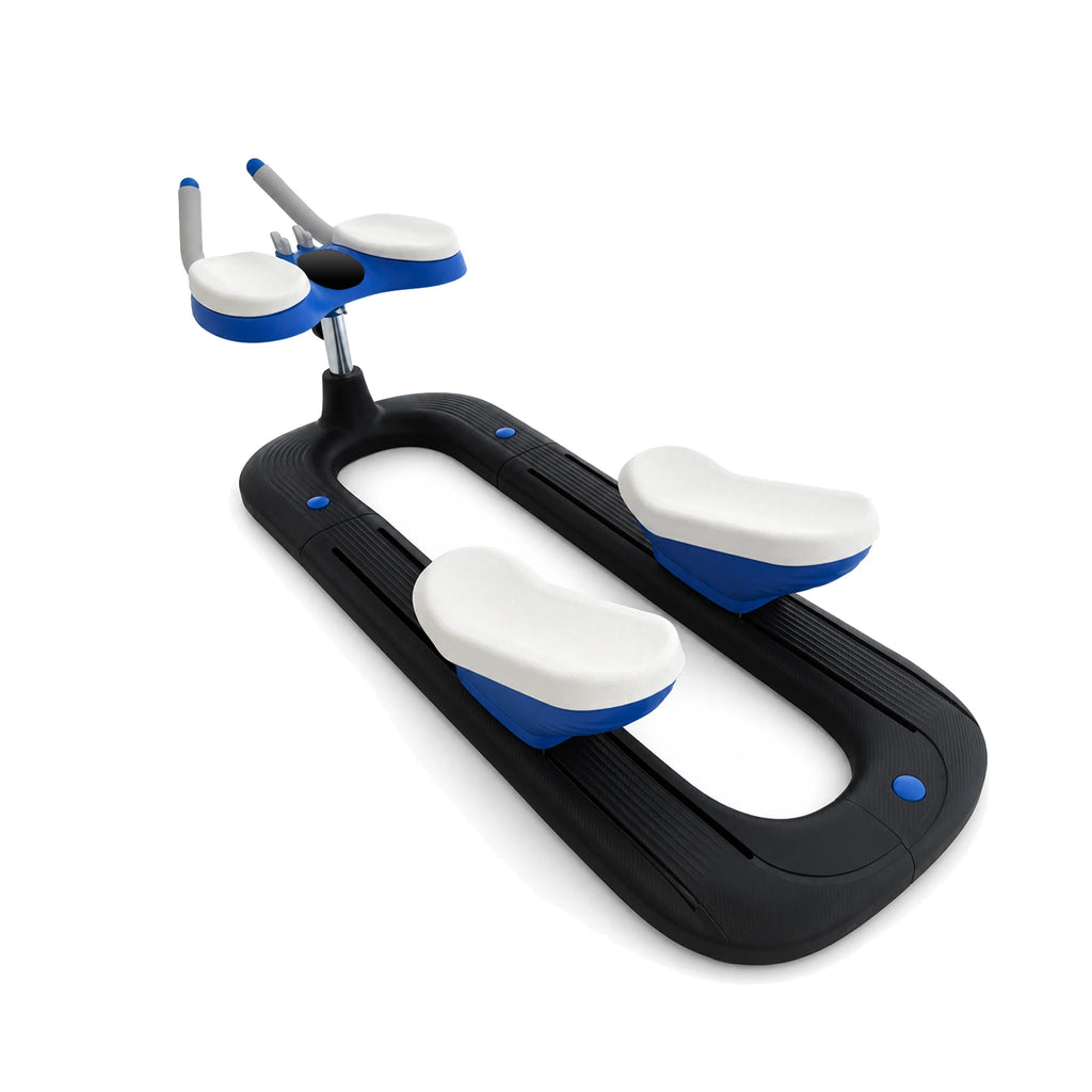 Black, blue, and white fitness crawling machine with a looped track, two sliding pads, and padded armrests.