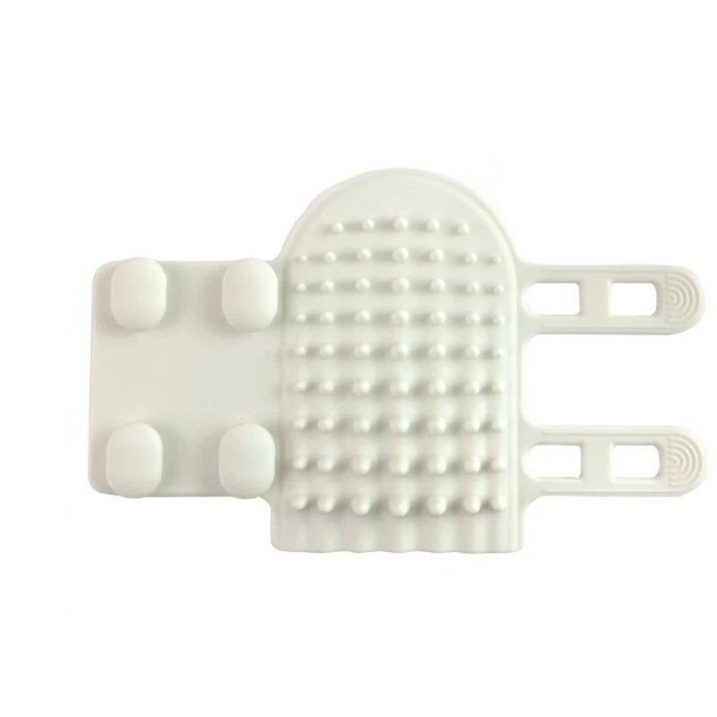 White silicone shower back scrubber with raised massage nubs, rounded head, and two strap handles.