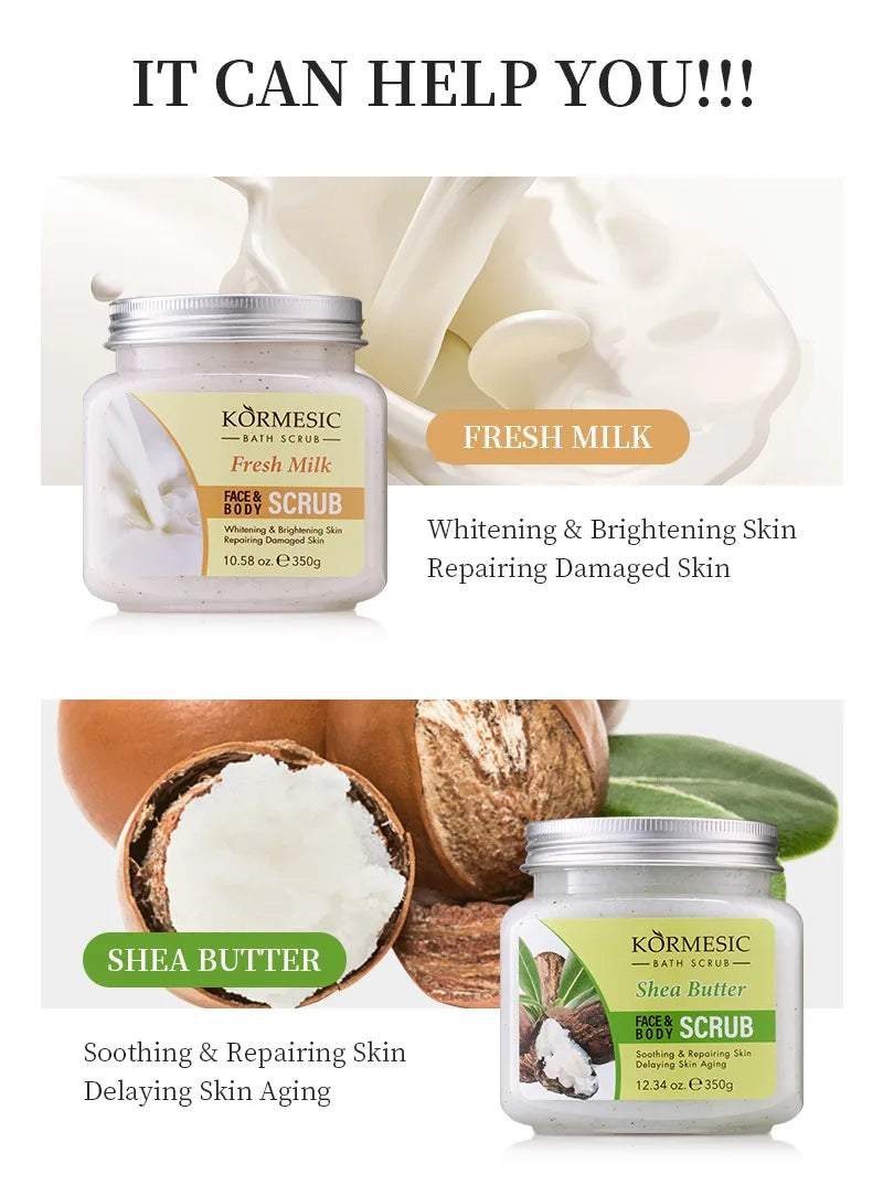 Two jars of face and body scrub: Fresh Milk for brightening and Shea Butter for soothing and anti-aging care.