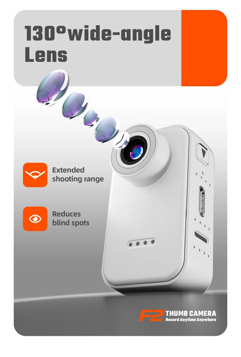 White, compact thumb camera featuring a 130-degree wide-angle lens with multiple optical glass elements.
