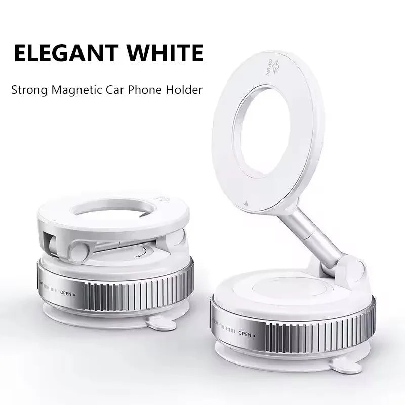 Two white, collapsible magnetic car phone holders with silver, textured circular bases on a white background.