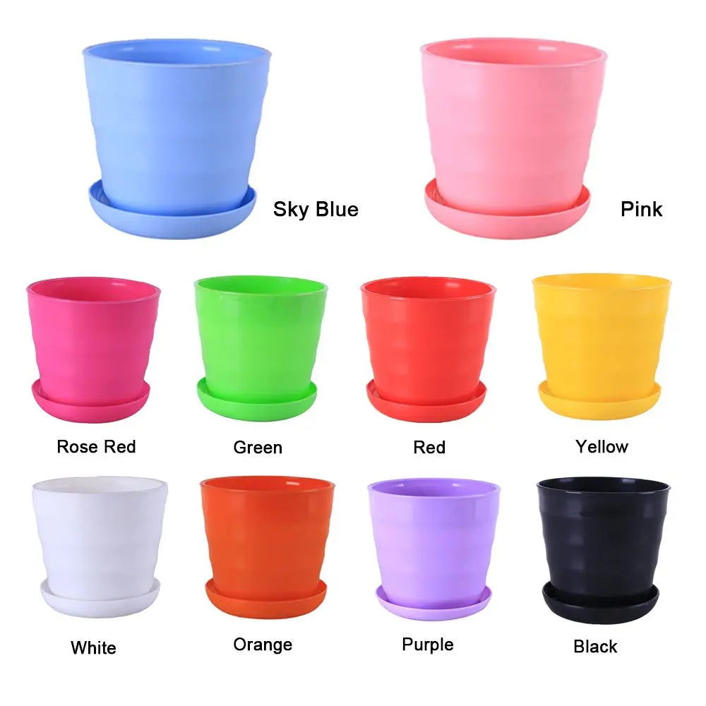 Ten colorful, ribbed plastic flower pots with matching saucers, arranged in rows with their corresponding color labels.