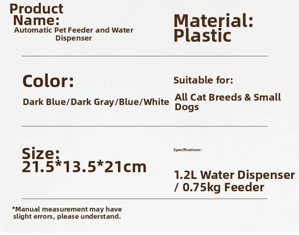 Text information card for an automatic plastic pet feeder and water dispenser available in blue, gray, and white.
