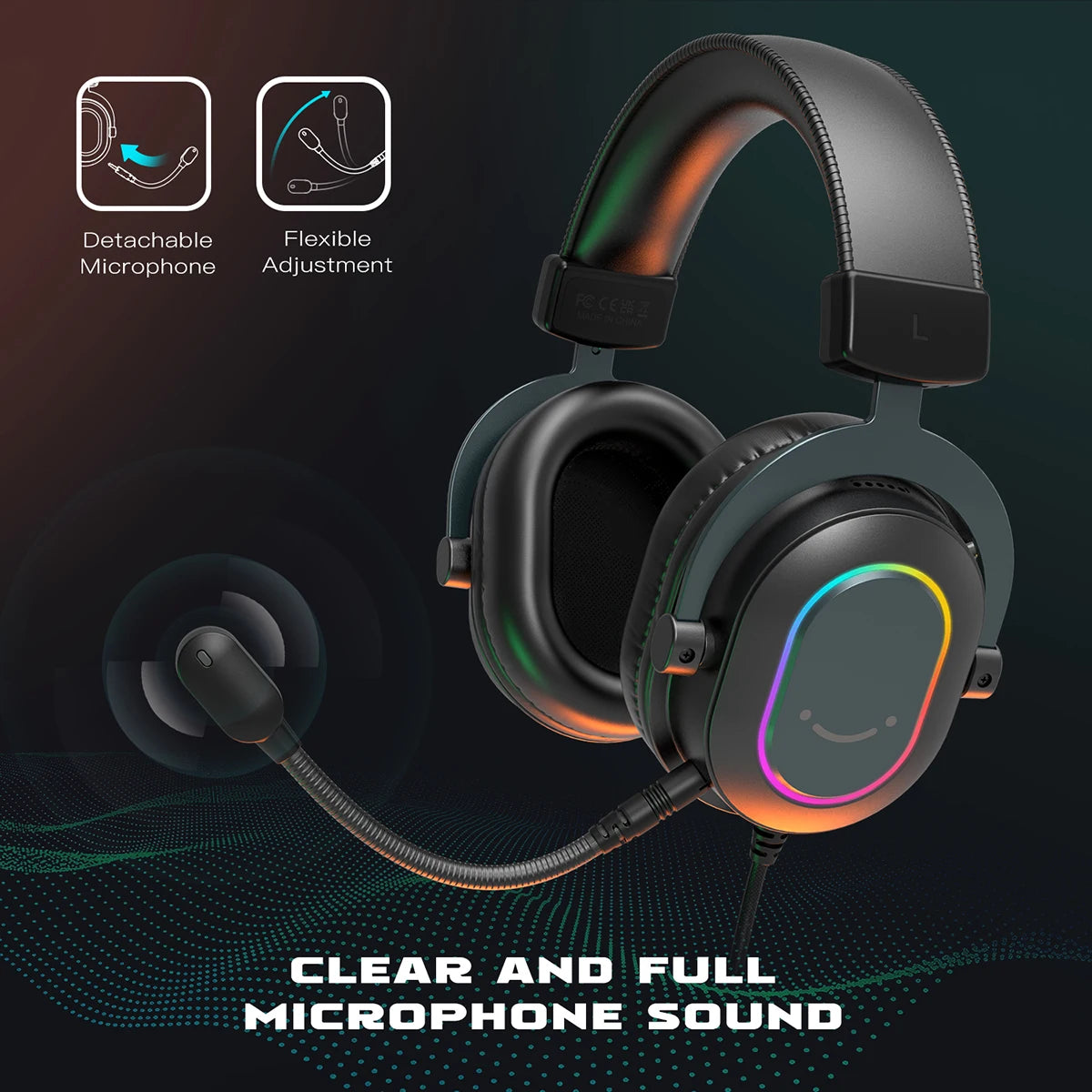 Black gaming headset featuring vibrant RGB lighting, a padded headband, and a detachable, flexible microphone.